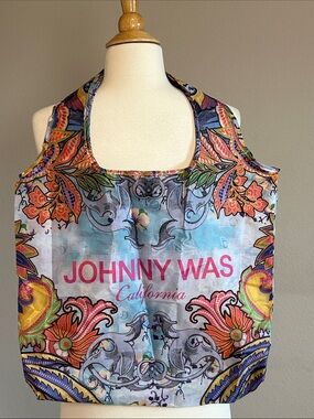Johnny Was Multicolor Floral Paisley Large Foldable Tote with Pink Logo